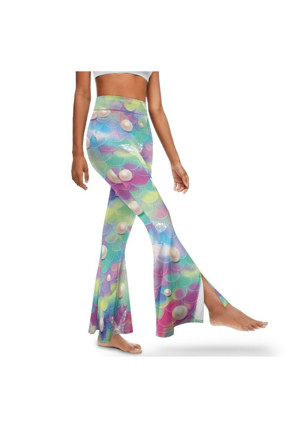 Women's Flare Leggings Buttery Soft Flared Pants High-Waisted Bell Bottom Pants Tummy Control Workout Leggings for Girls Flared Yoga Pants, M, Pearl Colored Mermaid Scale