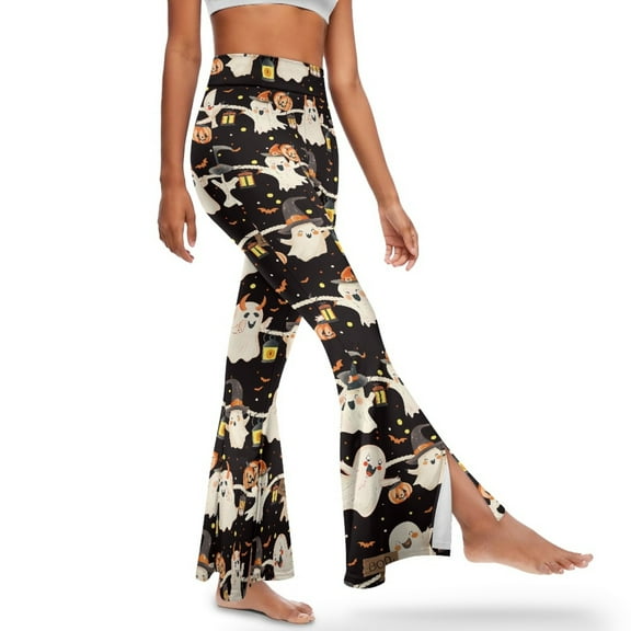 Xoenoiee Women's Flare Leggings Flared Slit Yoga Pants Comfortable Workout Leggings High-Waisted and Slit Hem Dress Pants for Women, Girls, M, Wizard Hat Ghost Bat Lamp Halloween