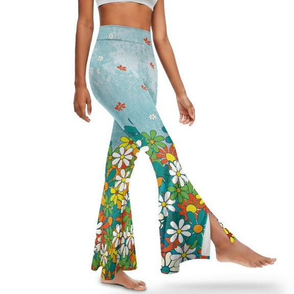 Xoenoiee Women's Flare Leggings Stretchy Flared Pants Butt Lifting High Waist Flare Leg Yoga Pants Bootcut Yoga Pants Bell Bottom Pants for Work, Yoga, Gym, Casual, S, Hippie Flower Light Blue