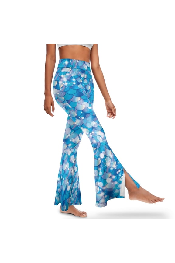 Women's Flared Leggings Buttery Soft Flared Pants High-Waisted Bell Bottom Pants Tummy Control Workout Leggings for Girls Flared Yoga Pants, M, Sparkling Mermaid Scales Print Blue
