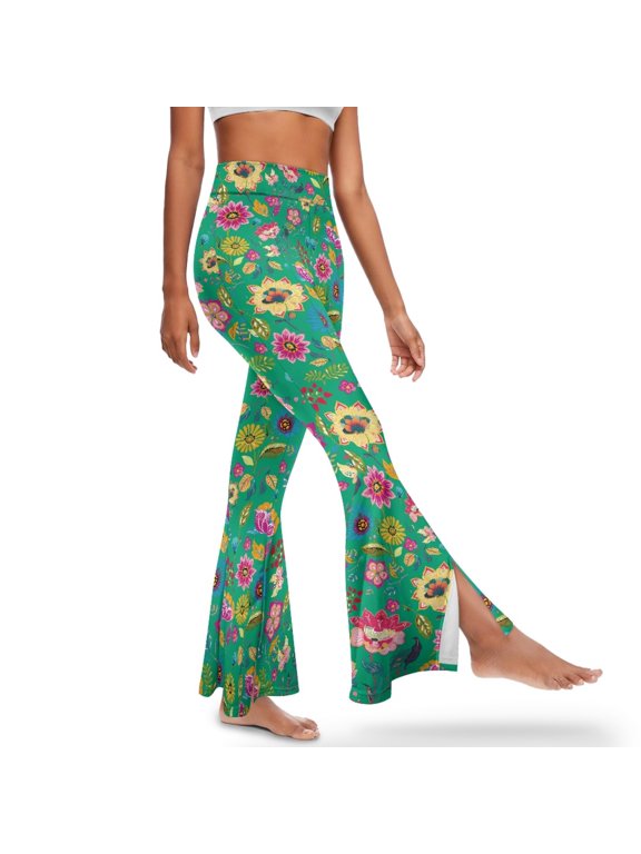 Women's Flared Leggings Gym Leggings Tall Yoga Pants Soft High Waist Flared Pants Butt Lift Bootcut Yoga Pants for Work, Yoga, Party, Casual, XL, Lotus Daisy Boho Flowers Leaf Green