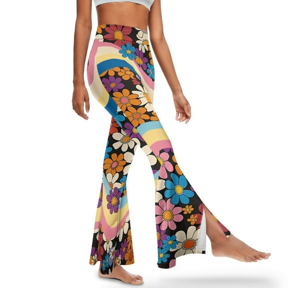 Xoenoiee Women's Flared Leggings High Waisted Workout Pants Soft Flared Pants High-Waisted Bell Bottom Pants Work Pants for Girls, 2XL, Colorful Hippie Flowers