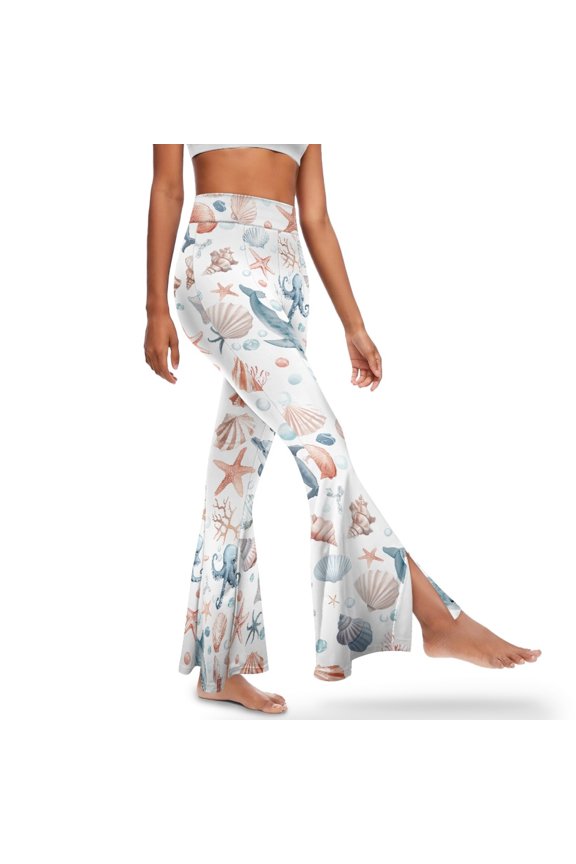 Women's Flared Leggings Tall Yoga Pants Tummy Control High Waist Flared Slit Yoga Pants Bootcut Yoga Pants for Gym, Work, Casual, Party, M, Pearl Starfish Dolphin Coralline Octopus Conch