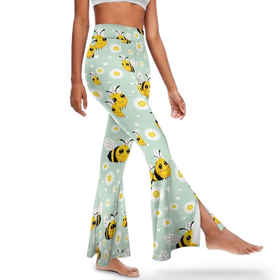 Xoenoiee Women's Flared Leggings Tall Yoga Pants Tummy Control High-Waisted Flared Pants Butt Lifting Breathable Bootcut Yoga Pants for Gym, Work, Casual, Party, M, Bee Daisy Love Green