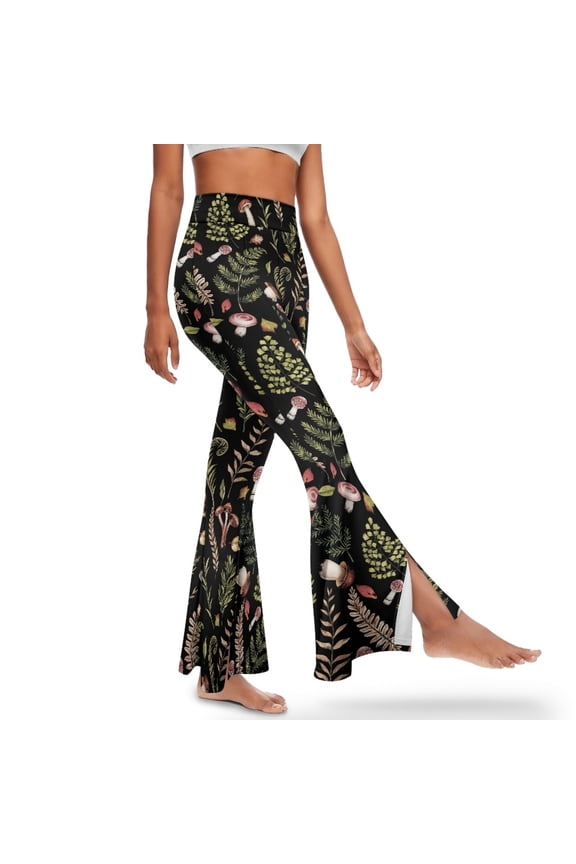 Women's Flared Leggings Tummy Control Flared Yoga Pants Butt Lifting High Waist Stretchy Bootcut Yoga Pants Bell Bottoms Pants Gym Leggings, XS, Mushroom Leaf Black