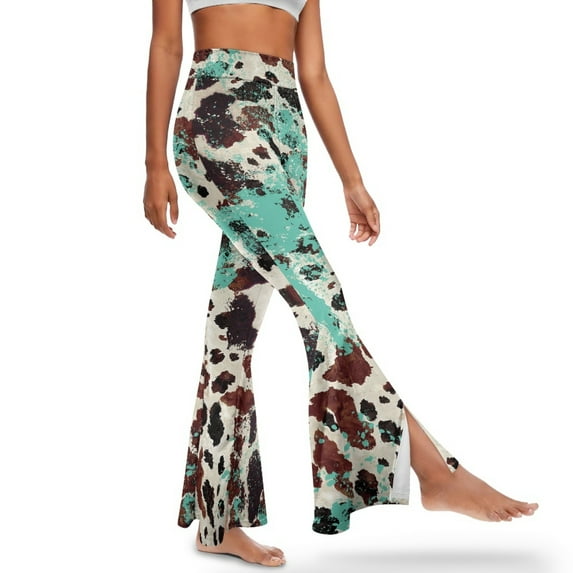 Xoenoiee Women's Flared Leggings Tummy Control Slit Front Flared Yoga Pants Butt Lifting High Waist Stretchy Bootcut Yoga Pants Bell Bottom Pants Gym Leggings, M, Cow Print Splash-Ink Print