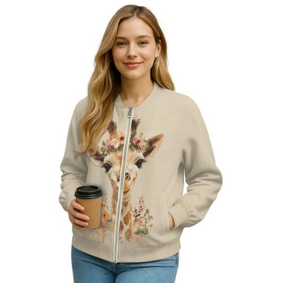 Xoenoiee Women's Windbreaker Bomber Jacket Zip Up Jacket Fall Winter Casual Coat Lightweight Women Loose Fit Outerwear with Pockets, Giraffe Floral Beige, Small