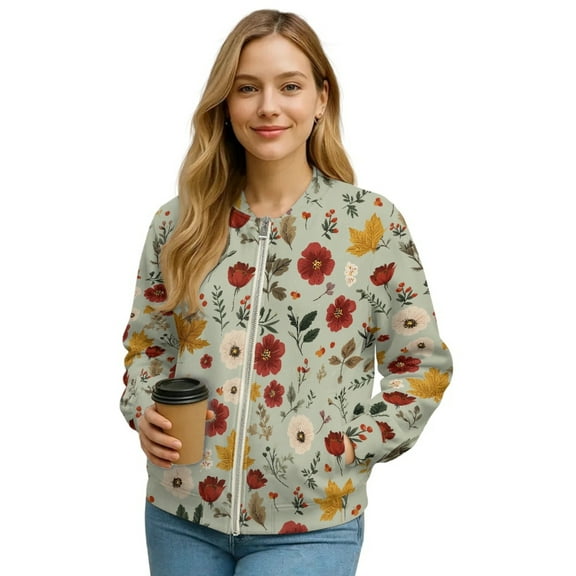 Xoenoiee Women's Windbreaker Bomber Jacket Zip Up Jacket Fall Winter Casual Coat Lightweight Women Loose Fit Outerwear with Pockets, Poppy Floral Green, Small
