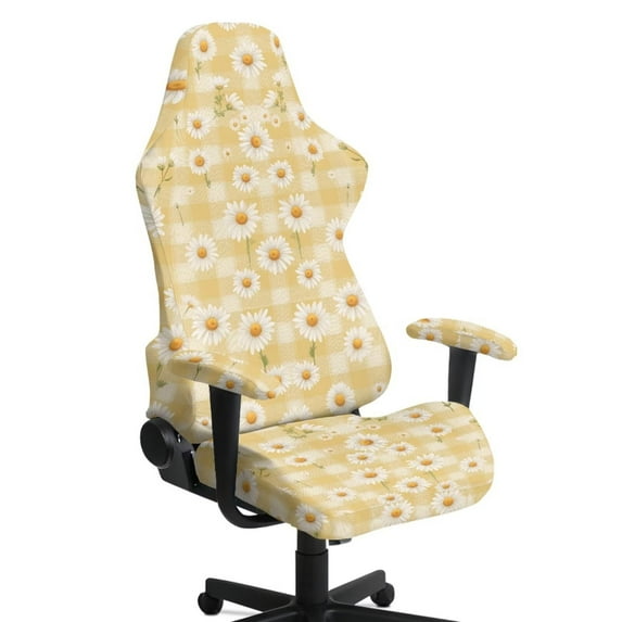 Xoenoiee Yellow Daisy Grid Pattern Gaming Chair Covers with Armrest Cover, Stretch Washable Computer Gaming Chair Slipcovers for Armchair, Swivel, Computer Boss Chair