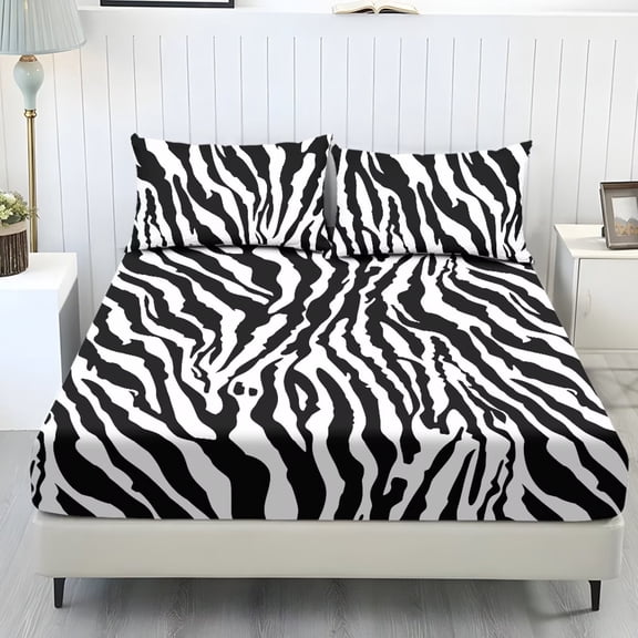 Xoenoiee Zebra Stripe Print 3 Pieces Bedding Sheet Set with Deep Pocket Soft Stretchy Bedding Set with Elastic Band Snug Fit Bedsheet, Queen Size