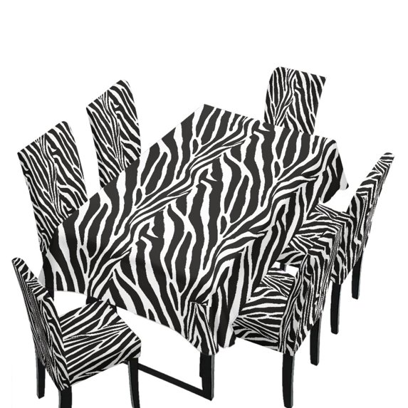 Xoenoiee Zebra Stripe Print 7 Pcs Tablecloth Chair Covers Set Stretchable Washable Rectangle Table Cover with Seat Slipcovers for Dining Room Banquet Wedding Party Kitchen Decor
