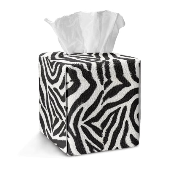 Xoenoiee Zebra Stripe Print Square PU Leather Tissue Box Cover Bottom Snap, Foldable Stylish Cube Holder for Napkins, for Bathroom, Living Room, Office, Car, Nightstand