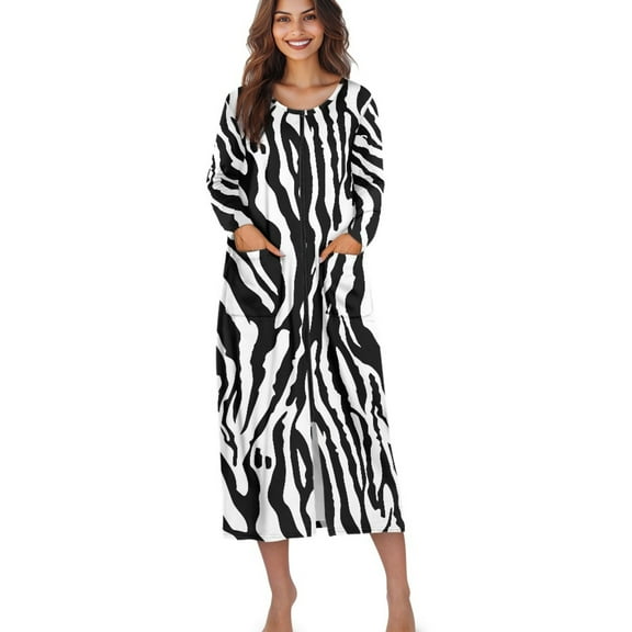 Xoenoiee Zebra Stripe Print Women Long Sleeve Zip Front Nightgowns Full Length Robes Loose Housecoat Loungewear Nightdress with Pockets, L