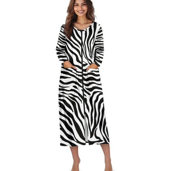 Xoenoiee Zebra Stripe Print Womens Housecoat Zip Robe Zip Up Front Robe Bathrobe Zipper House Coat Crew Neck Loungerwear Nightgowns with Pockets, L