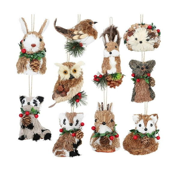 Xoiie 10 Pack Sisal Woodland Animal Ornaments, Forest Animal Acorn Ornaments, Natural Sisal Straw Friends Animals Figurines Neutral Holiday Hanging Accessory Forest Woodland Decor