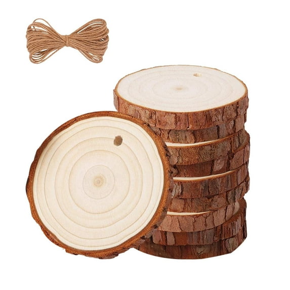 Xoiie 10pcs 6-8 cm Thick Natural Wood Slices, Craft Unfinished Wood Kit, Predrilled with Hole Thickened Wooden Circles with Bark for DIY Ornaments Christmas Wedding Wood Coasters Tags