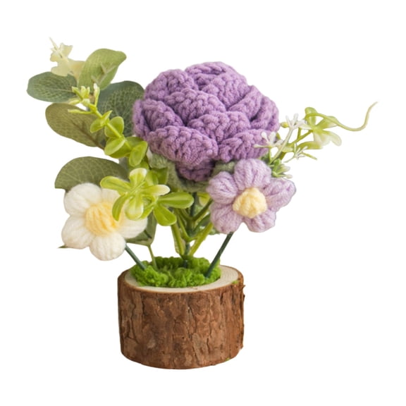 Xoiie Handmade Crochet Flowers Pot, Wooden Flower Bouquet, Crochet Rose Bouquet Knitted Creative Potted Plant Cute Home Desktop Decorations and Gifts for Friends, Lovers, Classmates