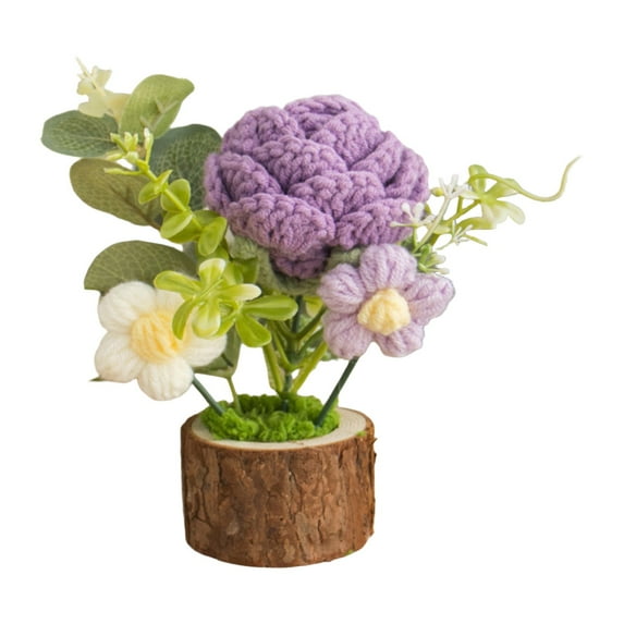 Xoiie Handmade Crochet Flowers Pot, Wooden Flower Bouquet, Crochet Rose Bouquet Knitted Creative Potted Plant Cute Home Desktop Decorations and Gifts for Friends, Lovers, Classmates