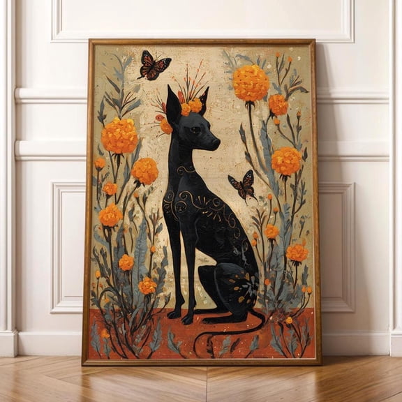 Xoloitzcuintli Dog Art Dia de los Muertos Marigold Butterfly Decor Unframed Paper Print