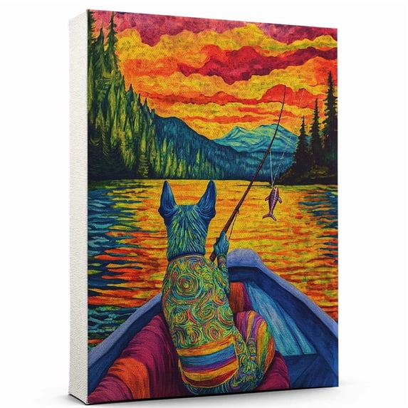 Xoloitzcuintli Dog Stretched Canvas Size 8x12 Fishing Canvas – Cute Xoloitzcuintli Canvas Wall Art of Puppy Playing Fishing, Perfect for Dog and Sports Fans