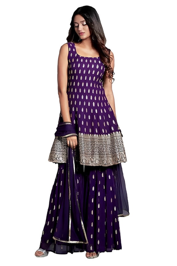 Fashion Women's Embroiderd Work Navyblue Color Weding Wear Anarkali Kurta Sharara Set - Indian Ethnic Traditional Wear Kurta Set