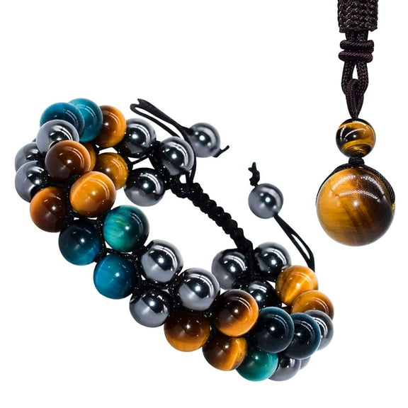 XonyiCos Triple Protection Bracelet, Tiger Eye Beads Hematite and Black Obsidian Natural Stone Bracelets
