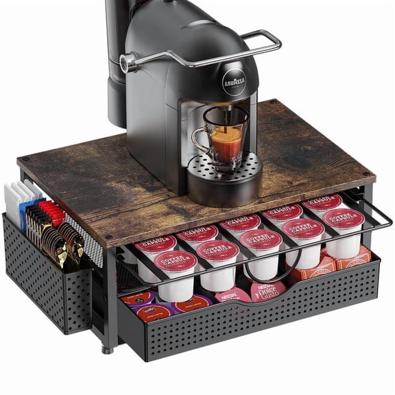 Xoperyu 2-Tier Coffee Pod Storage Rack Organizer – Holds 84 Capsules, Sliding Drawer & Side Compartment, Retro Brown