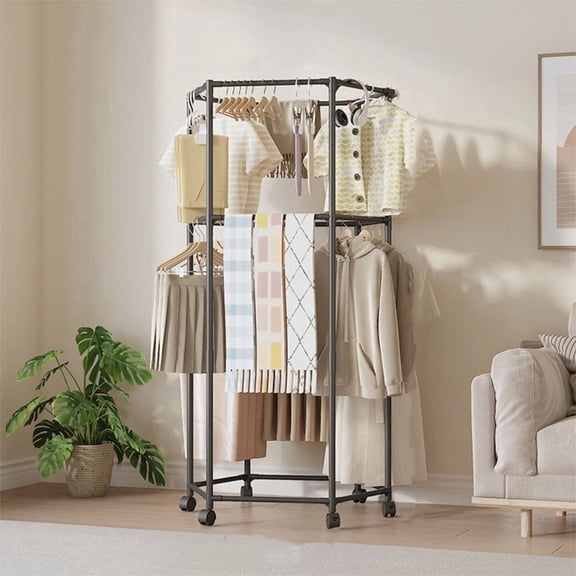 Xoperyu 68.9In Double-Layer Hexagonal Clothes Rack, Multifunctional Floor-Standing Rotating and Movable Clothing Display Rack, Suitable for Indoor and Outdoor Use, Black