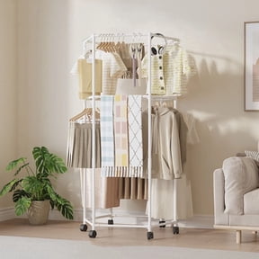 Xoperyu 68.9In Double-Layer Hexagonal Clothes Rack, Multifunctional Floor-Standing Rotating and Movable Clothing Display Rack, Suitable for Indoor and Outdoor Use, White