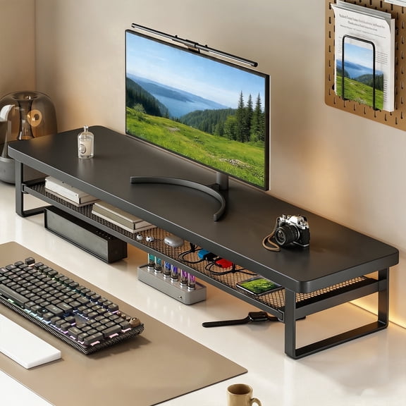 Xoperyu Double Layer Monitor Stand Riser Holder, 5.91in Desktop Organizer for Stationery, Watches, and Headphones with Drawer-Style Pull-Out Function, Suitable for Home and Office Use, Black