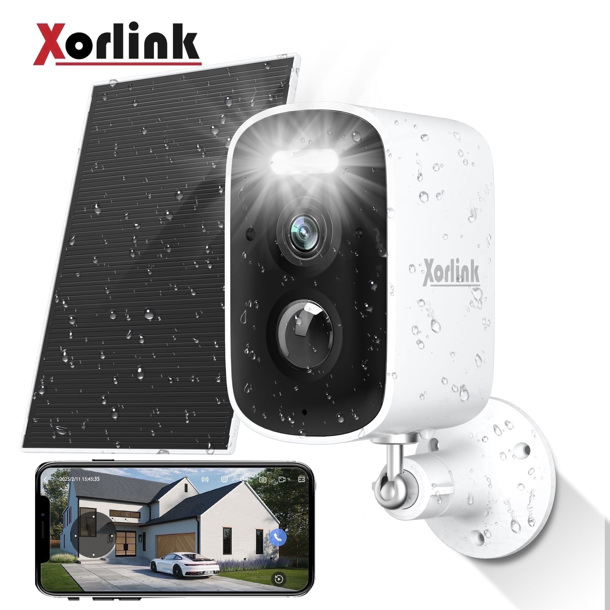 Xorlink 2K Wireless Security Camera with Spotlight, Waterproof PIR Detection, Outdoor Solar Panel, Rechargeable Battery Powered Home Surveillance Camera with Co