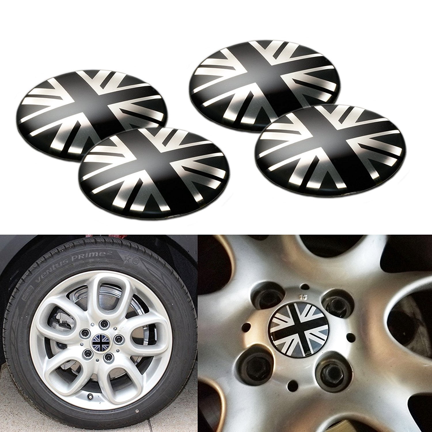 4x Black/Grey Union Jack Wheel Center Caps For MINI Cooper - 2 Inch UK Flag Caps