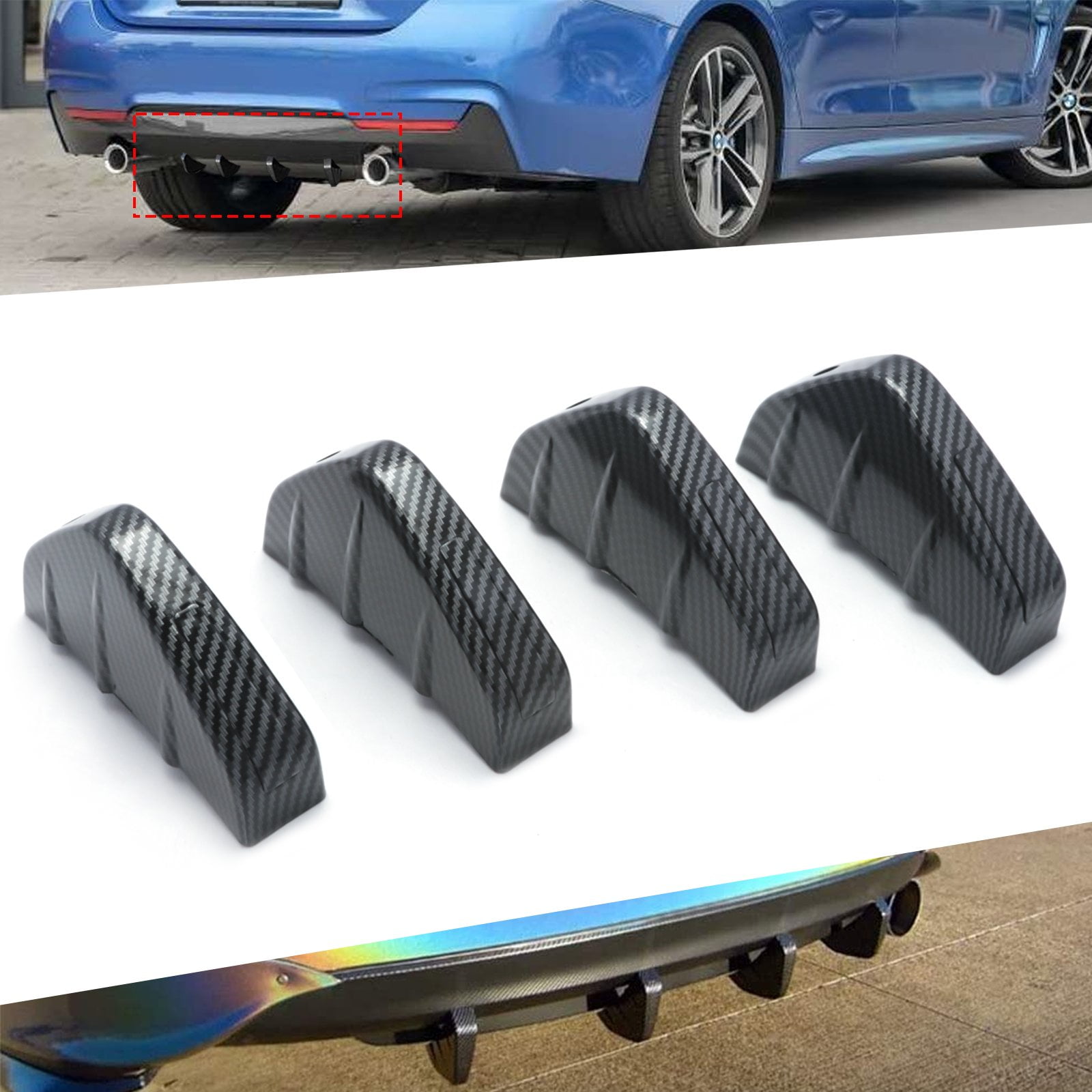 4PCS Curved Car Rear Body Bumper Diffuser Kit Universal Spoiler