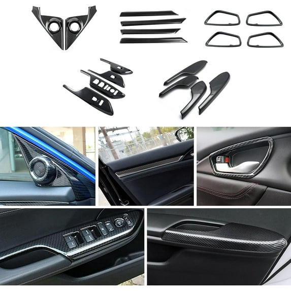 Xotic Tech Interior Armrest Stripe Window Switch Panel Handle Wrist Frame Pillar Speaker Cover Trim Combo Kit , Carbon Fiber Pattern , Compatible with Honda Civic Sedan 2016-2021
