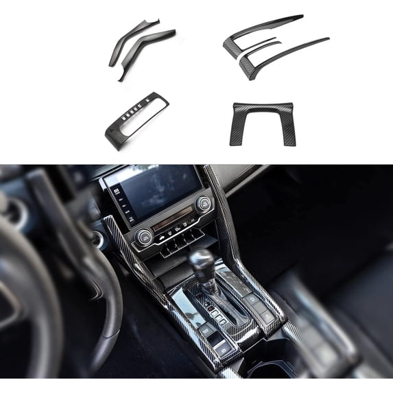 Xotic Tech Interior Gear Upper Panel Console Side Gear Shift Button Frame Cover Trim Combo Kit , Carbon Fiber Pattern , Compatible with Honda Civic 10th Gen 2016-2021