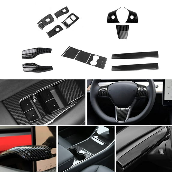 Xotic Tech Set Carbon Fiber Style Interior Center Console Wrap Stripe Paddle Shifter Steering Wheel Window Switch Panel Accessories Cover Trim Combo Kit, Compatible with Tesla Model 3 Y 2017-2020