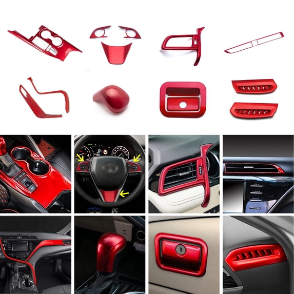 Xotic Tech Set Glossy Red Console Stripe Passenger Dash Glove Box AC Vent Steering Wheel Gear Shift Knob Panel wo/Heater Buttons Cover Trim Combo Kit, Compatible with Toyota Camry 2018-2020