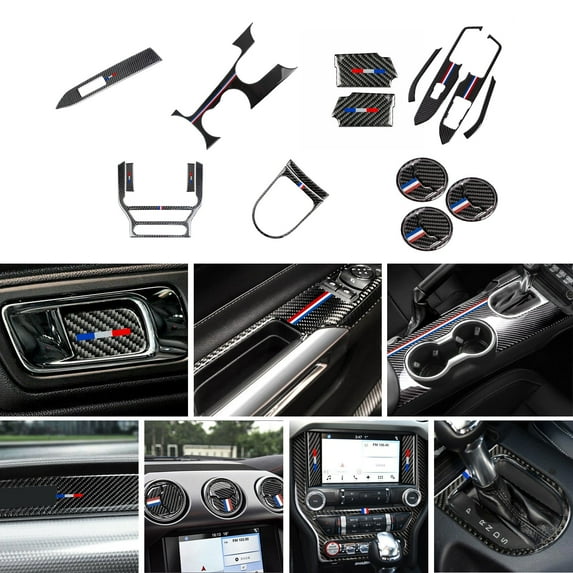 Xotic Tech Set Real Carbon Fiber w/Tri Color Strip Interior Air Vent Touch Screen Passenger Dash Gear Box Handle Bowl Window Lift Control Cover Trim Combo Kit, Compatible with Ford Mustang 2015-2023