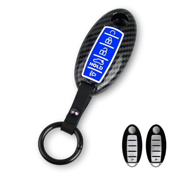 Xotic Tech Smart Key Fob Shell Full Cover Case w/Keychain Compatible with Nissan Maxima Murano Altima GT-R 370Z Rogue or Infiniti JX35 Q50 Q60 Q70 QX60, Carbon Fiber ABS Silicone Night-Luminous Blue