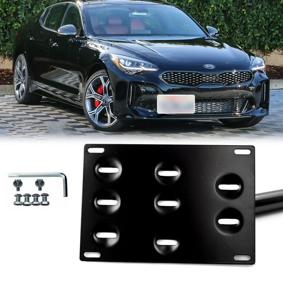 Xotic Tech for Kia Stinger 2018 2019 2020 Front Bumper Tow Hook License Plate - No Drill Mounting Bracket Adapter Kit Black
