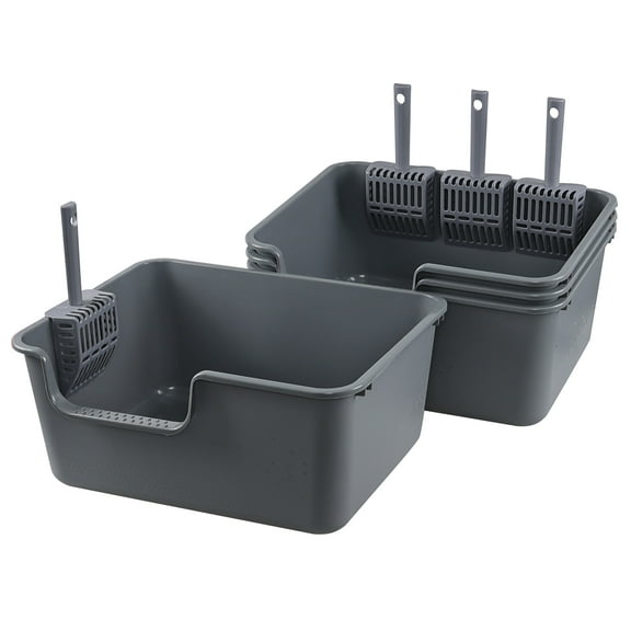 Xowine 4 Pack High Sides Cat Litter Box, Open Top Pet Cat Litter Tray with Cleaning Scoop, Gray