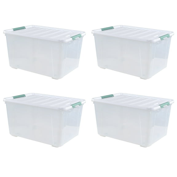 Xowine 80 L Large Plastic Storage Bins with Lids, 4 Pack Wheeled Clear Storage tote with Latch Handle