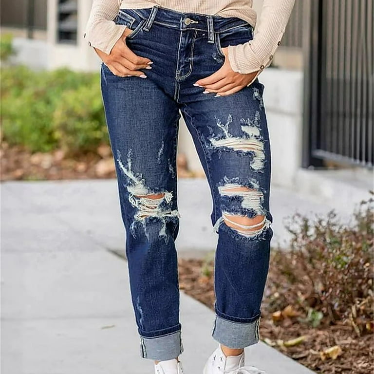 Xowrte Jeans for Women Distressed Cuffed Jeans Women's Ripped Mid