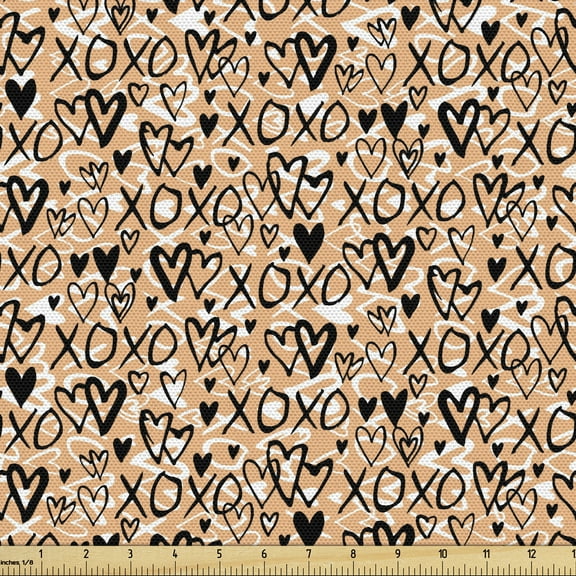 Ambesonne Xoxo Fabric by the Yard Upholstery, Doodle Heart Shapes Xoxo, 10 Yards, Peach Black and White