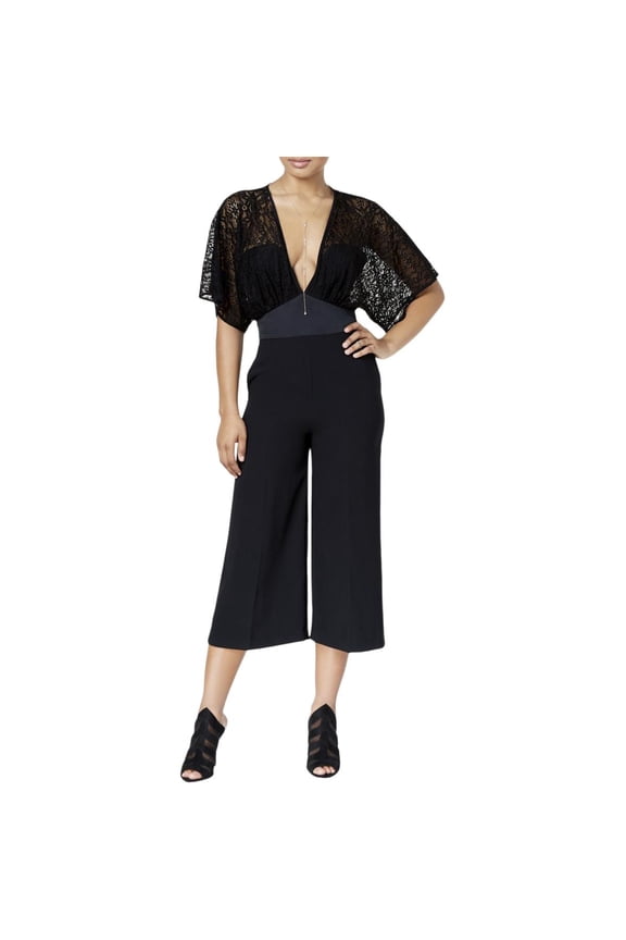 Juniors Black Lace Kimono-Sleeve Cropped Jumpsuit S