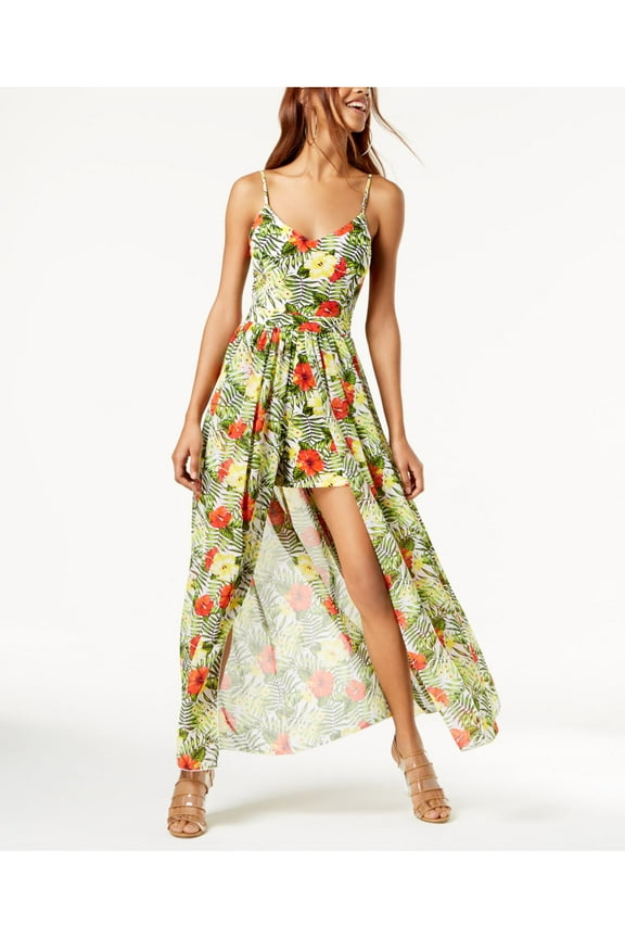 Juniors Green Multi Spaghetti Strap Tropical Print Maxi Romper XL