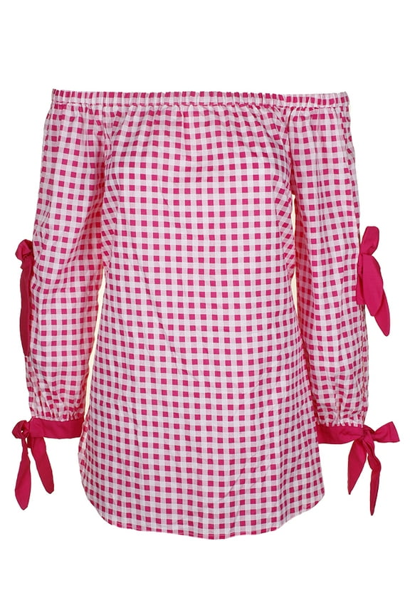 Juniors Pink Lng-Sleeve Cotton Off-The-Should Gingham Tunic M