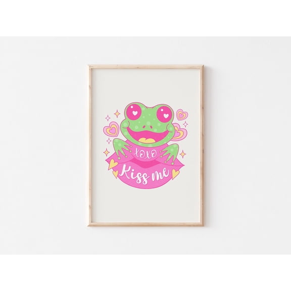 Xoxo Kiss Me Frog Poster, Cute Valentine Frog Cupid, Retro Pink Valentines Art, Trendy Valentines Wall Art, Romancecore Decor, Unframed Poster Size 12x18