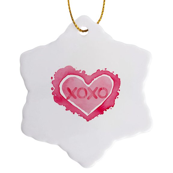 3drose, Xoxo - Pink Watercolor Heart Typography Illustration, 3 inch Snowflake Porcelain Ornament