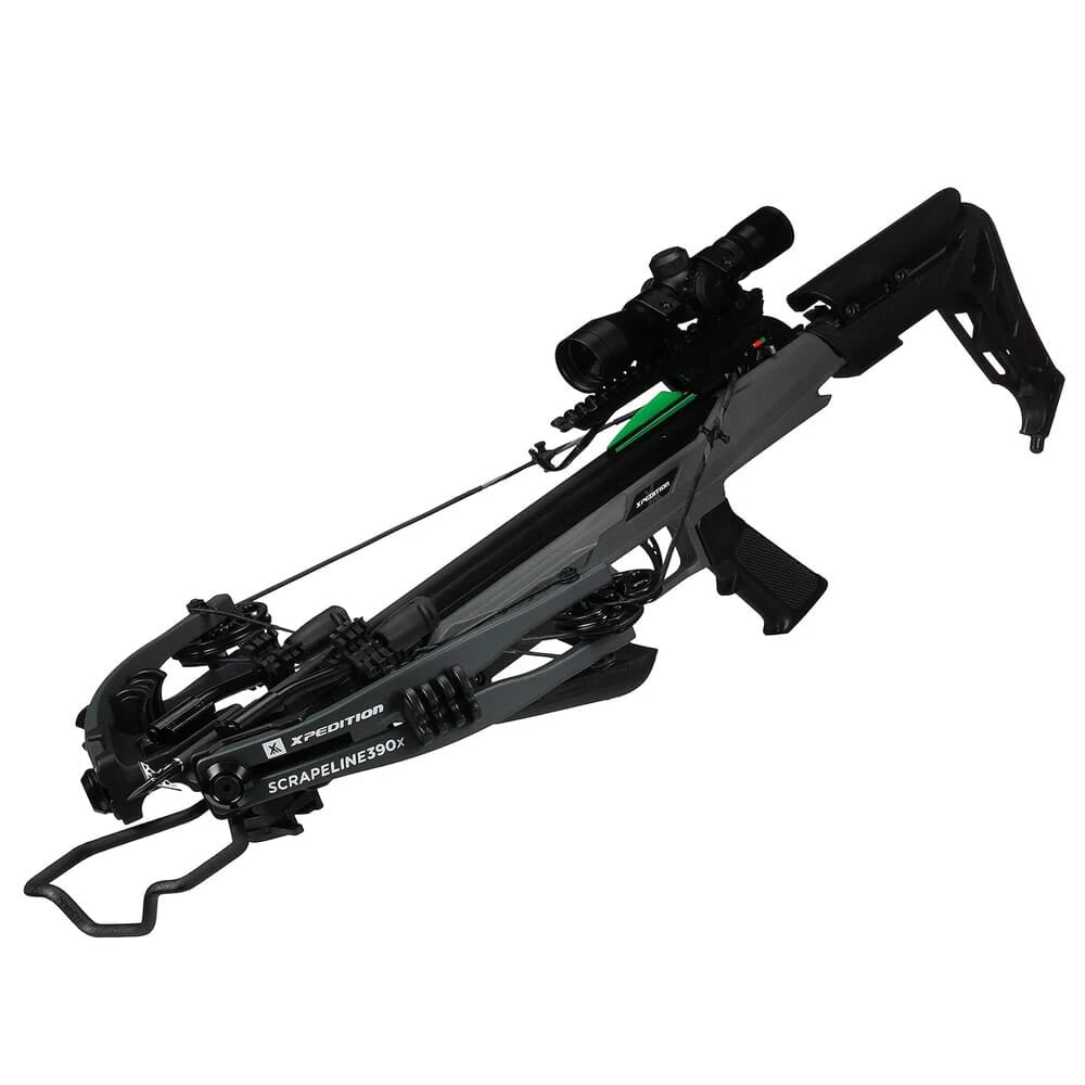 Xpedition Archery Scrapeline 390X Crossbow, 390 FPS, 4x32 Illuminated Scope, 5-Bolt Quiver, 3 Xit-20 Bolts, Marksman Gray (XACW1001)